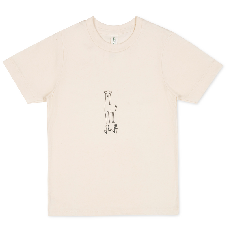 A cream-colored short-sleeve t-shirt with a minimalist black line art giraffe graphic and the brand name 'flaH' printed below it on the chest, displayed against a solid white background.
