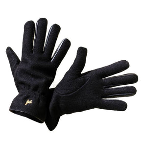 Two felted black alpaca gloves on a white background