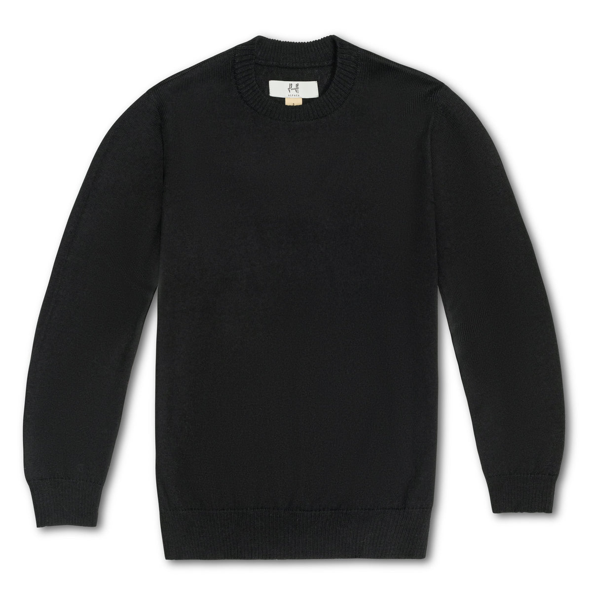 A black long-sleeve crewneck sweater laid flat against a white background.