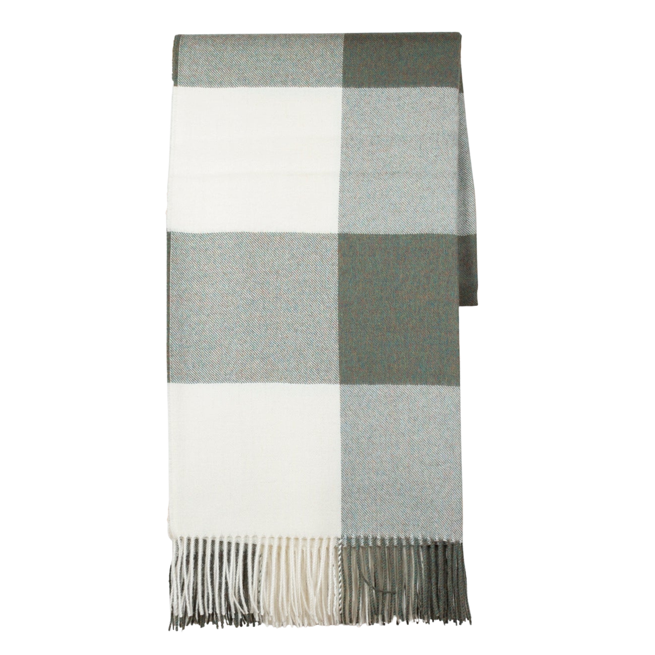Plaid throw with gray, white, and green colors on a white background