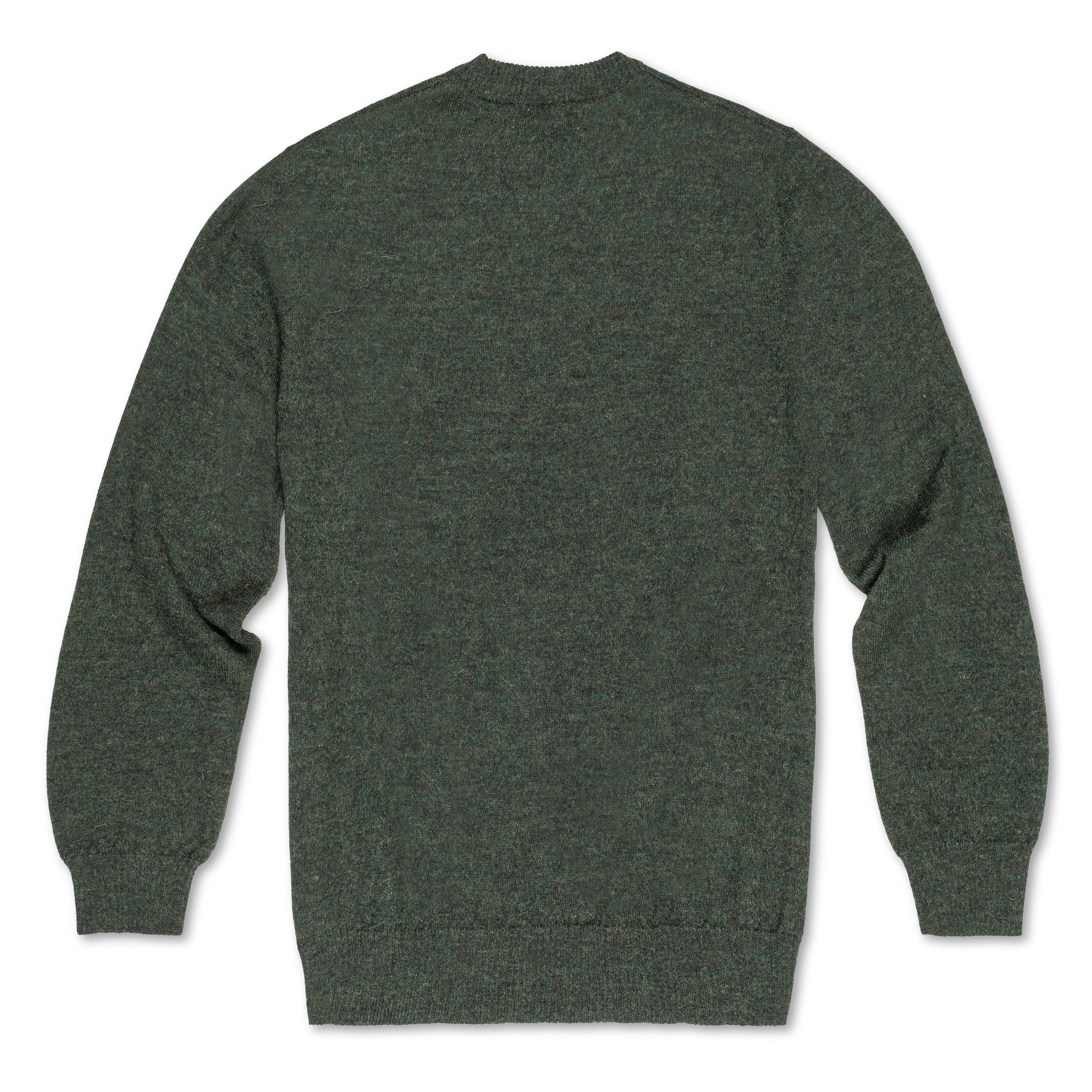 Men's Classic Crewneck 100% Baby Alpaca Sweater. A green 100% baby alpaca crewneck sweater lying front down on a white background.
