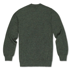 Men's Classic Crewneck 100% Baby Alpaca Sweater. A green 100% baby alpaca crewneck sweater lying front down on a white background.