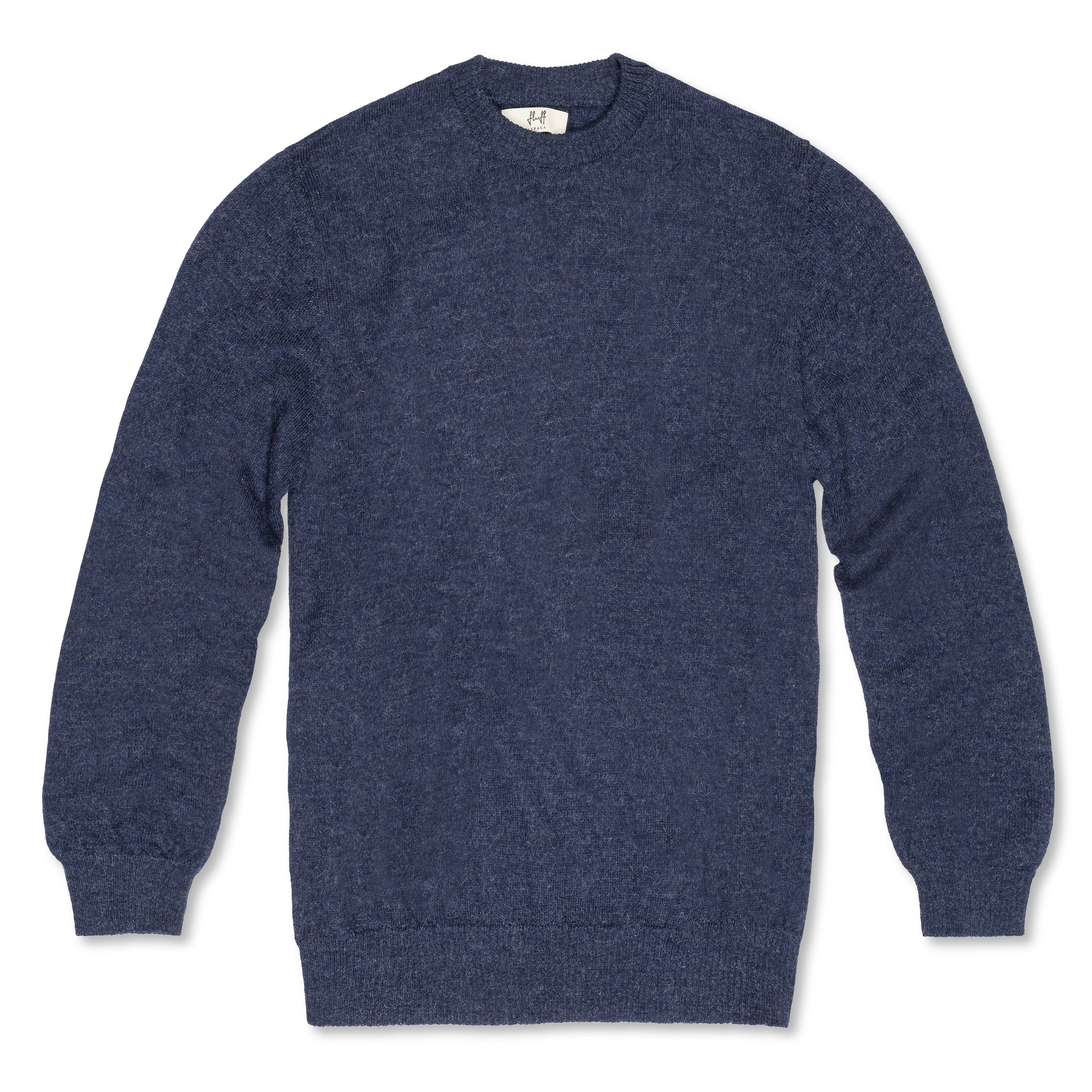 Men's Classic Crewneck 100% Baby Alpaca Sweater. A blue 100% baby alpaca crewneck sweater lying flat on a white background.
