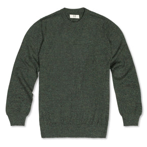 Men's Classic Crewneck 100% Baby Alpaca Sweater. A green 100% baby alpaca crewneck sweater lying flat on a white background.