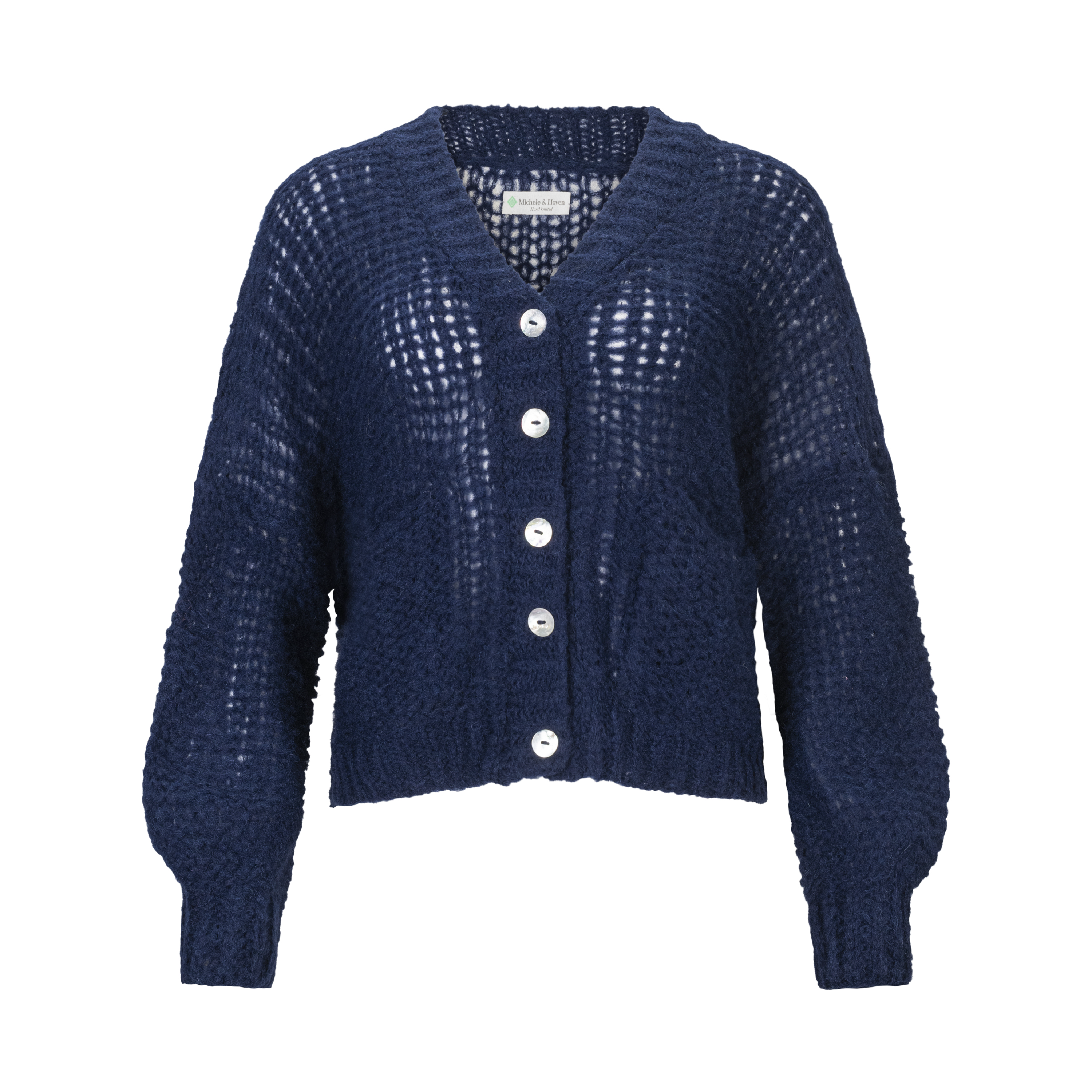 Navy baby alpaca cardigan white buttons front view