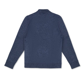 Men's Heavyweight Full-Zip 100% Baby Alpaca Wool Jacket. a denim blue zippered alpaca jacket lies face down on a white background