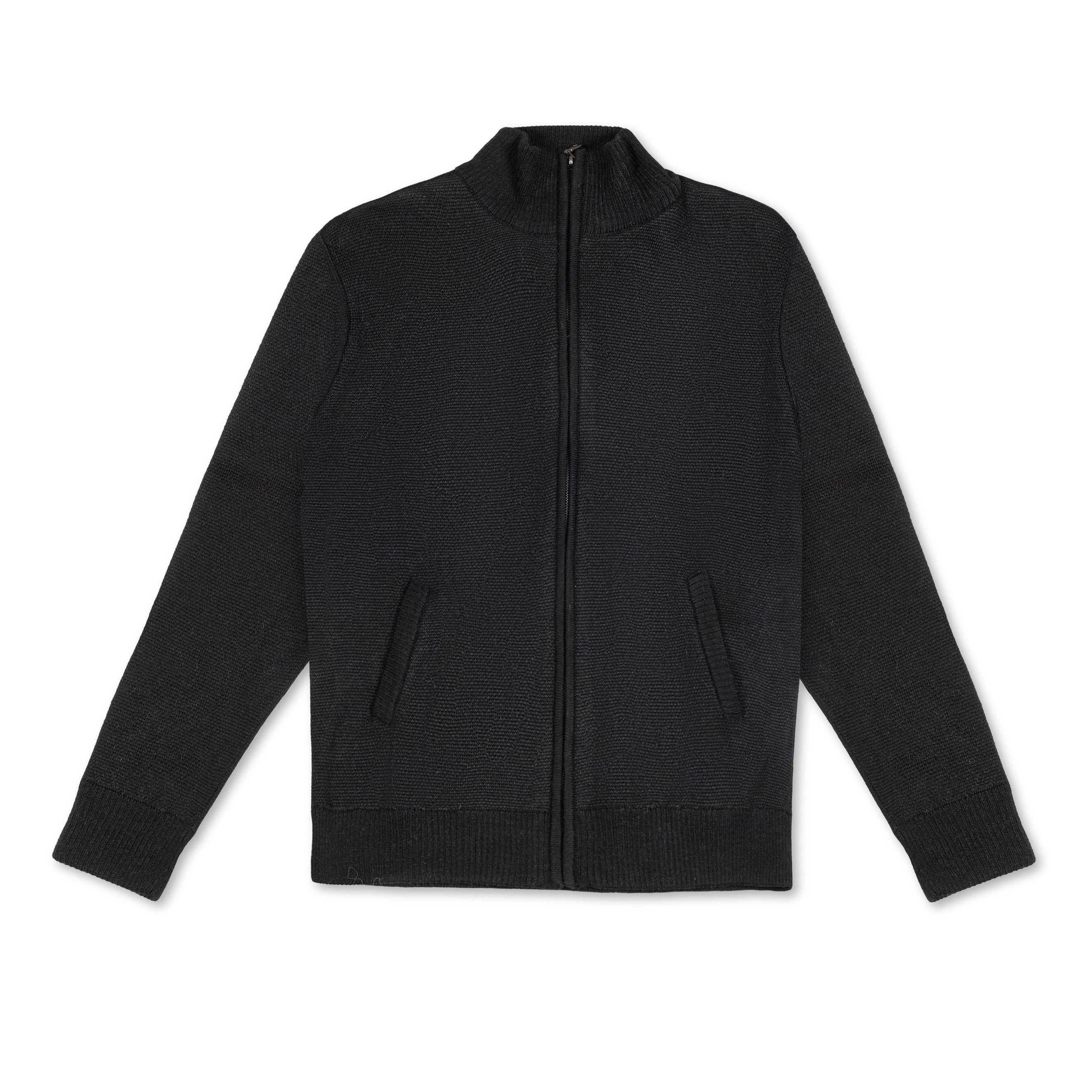 Men's Heavyweight Full-Zip 100% Baby Alpaca Wool Jacket. a black zippered baby alpaca jacket lies face up on a white background.