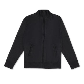 Men's Heavyweight Full-Zip 100% Baby Alpaca Wool Jacket. a black zippered baby alpaca jacket lies face up on a white background.