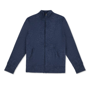 Men's Heavyweight Full-Zip 100% Baby Alpaca Wool Jacket. A denim Blue zippered alpaca jacket lays flat on a white background.