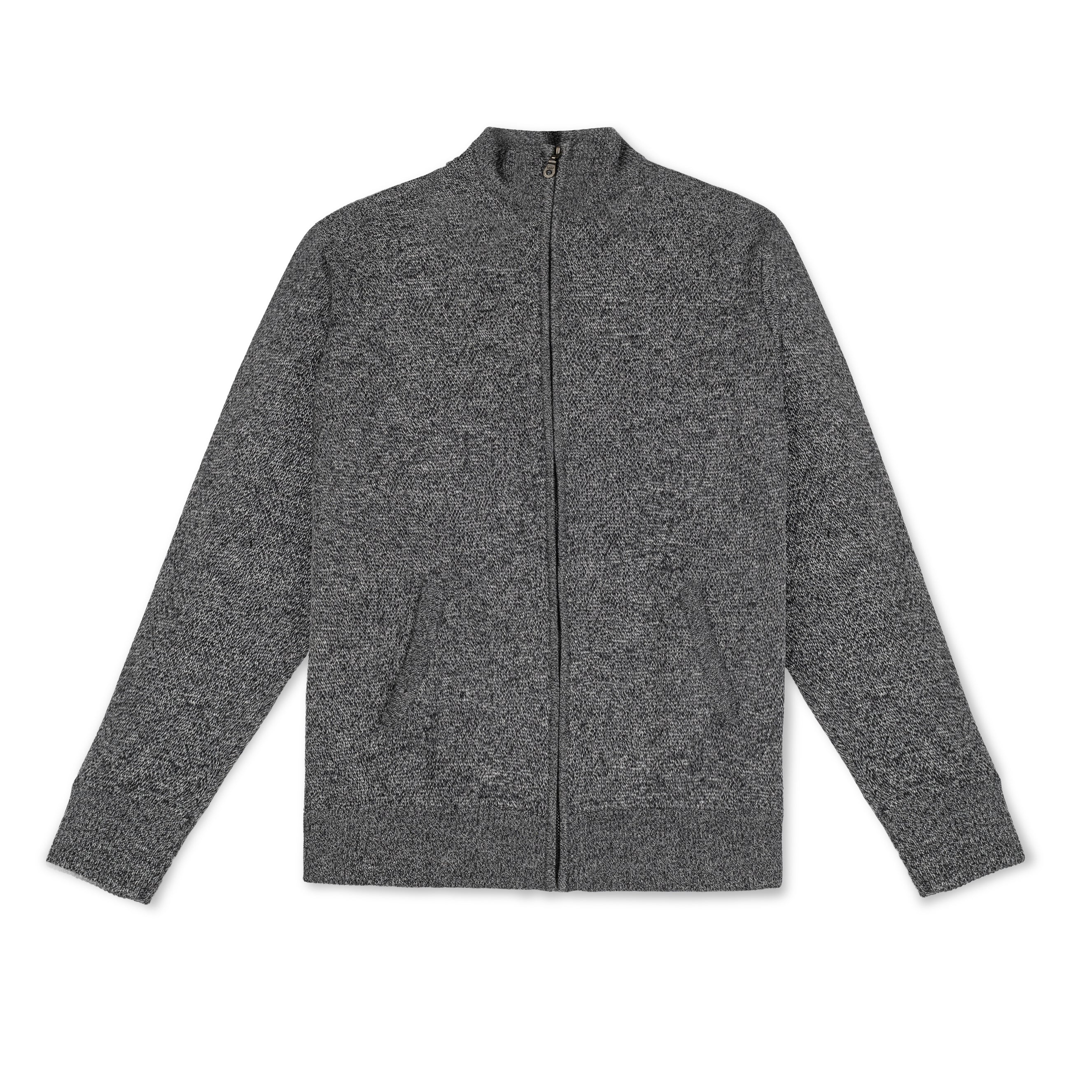 Men's Heavyweight Full-Zip 100% Baby Alpaca Wool Jacket. A marled black and white zippered baby alpaca jacket lies face up on a white background.
