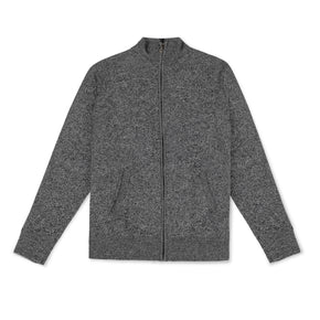 Men's Heavyweight Full-Zip 100% Baby Alpaca Wool Jacket. A marled black and white zippered baby alpaca jacket lies face up on a white background.