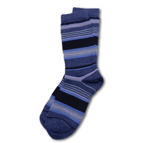 A pair of blue and gray striped crew alpaca socks.
