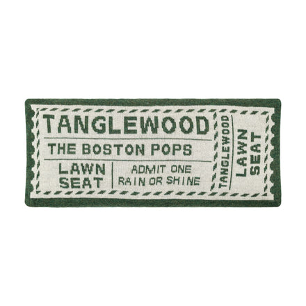 Fluff Alpaca Tanglewood Ticket Pillow. Green and White Tanglewood Ticket. It reads