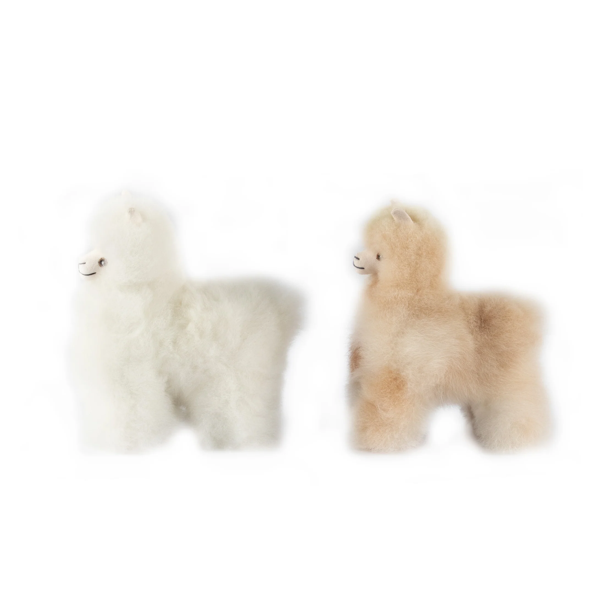 Two fluffy alpaca-shaped plush stuffed animals on a plain white background, one white and one light tan/beige.
