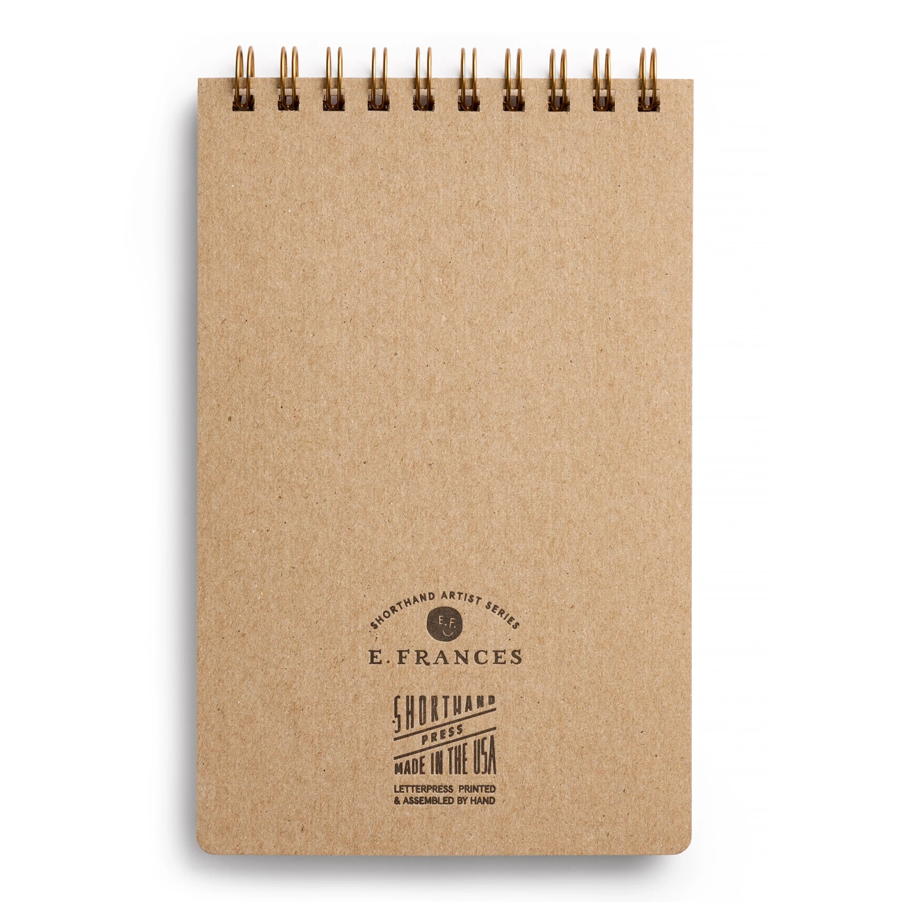 Kraft paper notebook with 'E. Frances' branding on a white background