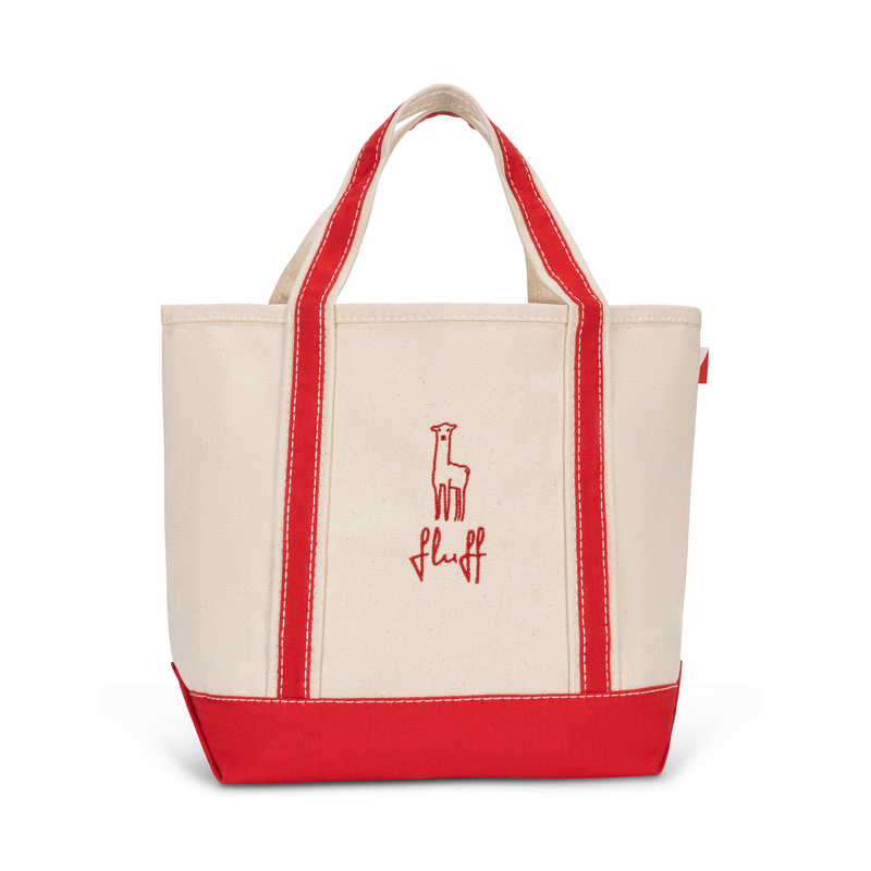 Off white tote bag with red accents and 'fluff' logo on a white background