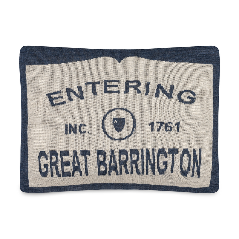 Decorative pillow with 'Entering Great Barrington' text on a white background