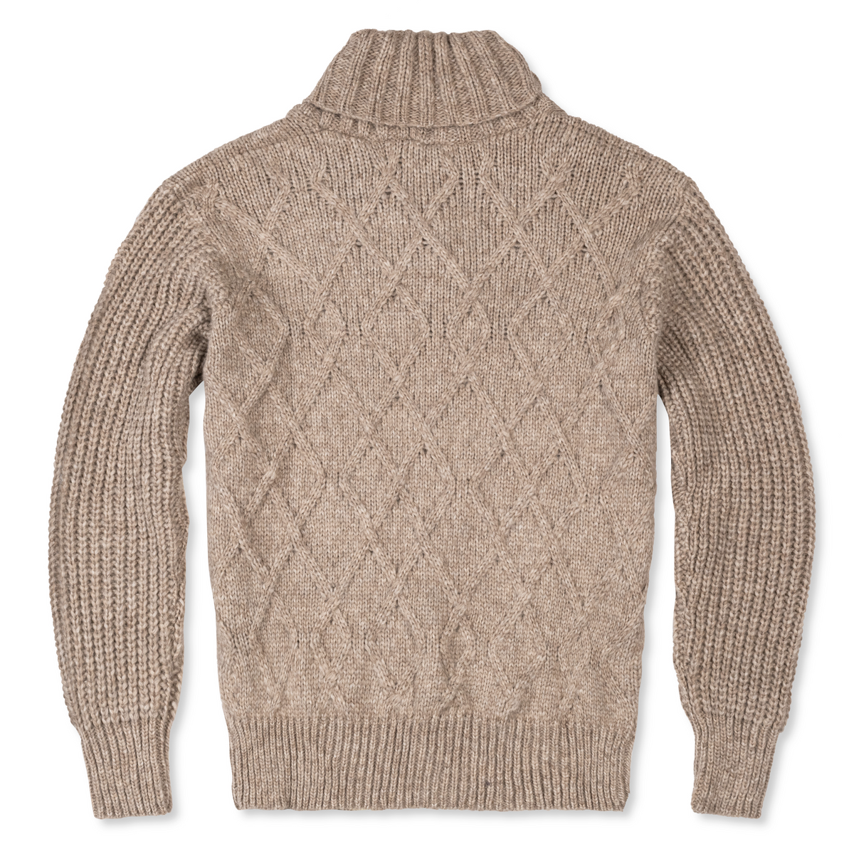 Beige cable knit sweater on a white background