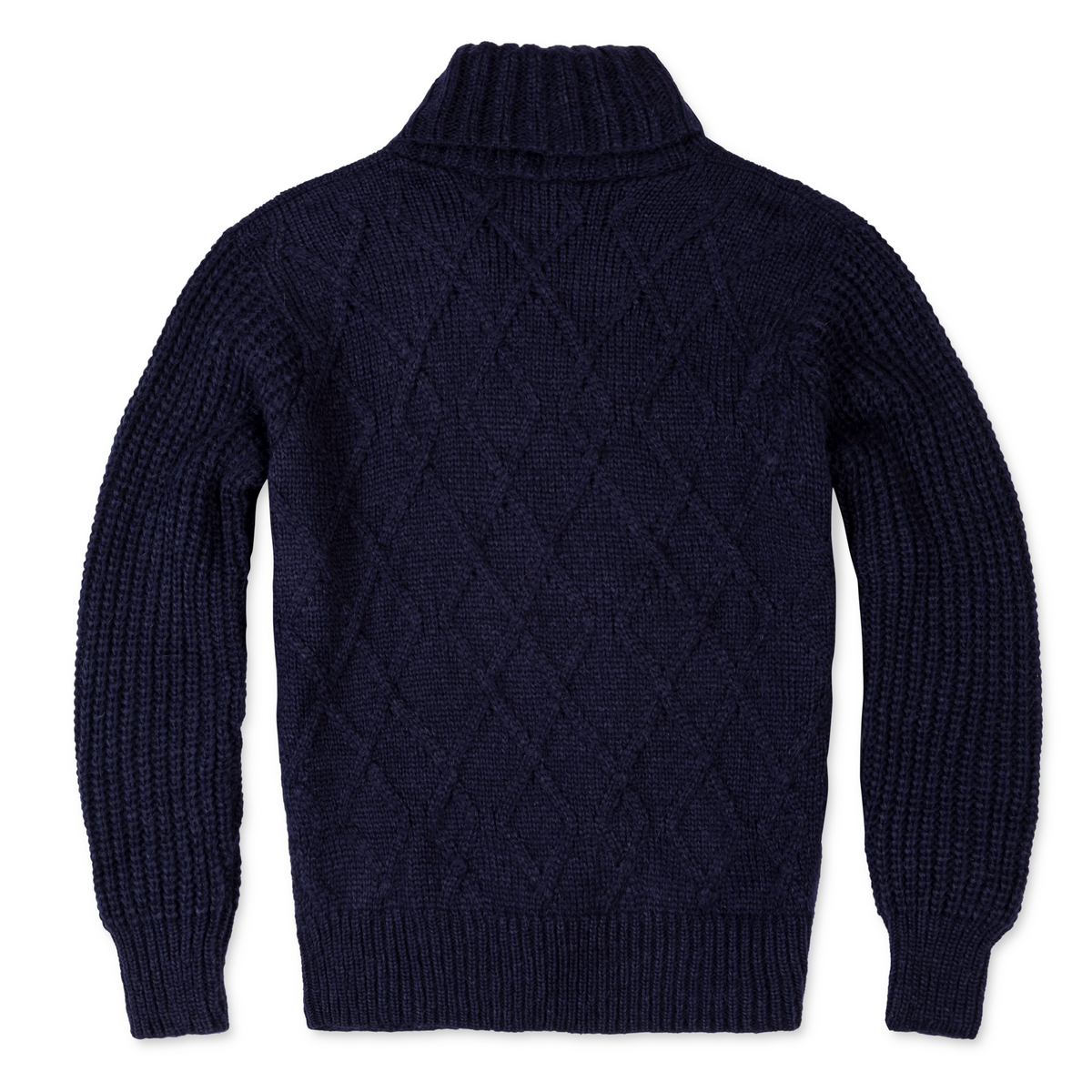 Navy blue cable knit sweater on a white background