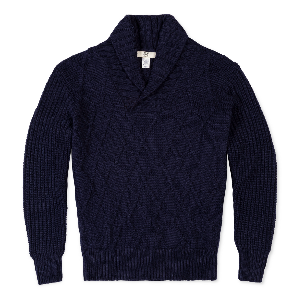 Navy blue sweater with a high collar on a white background