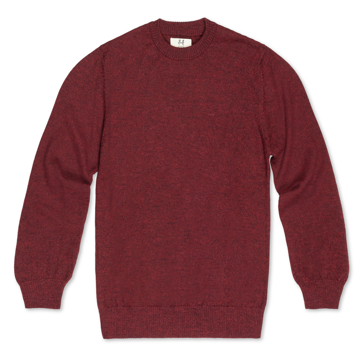 Men's Classic Crewneck 100% Baby Alpaca Sweater. A red 100% baby alpaca crewneck sweater lying flat on a white background.