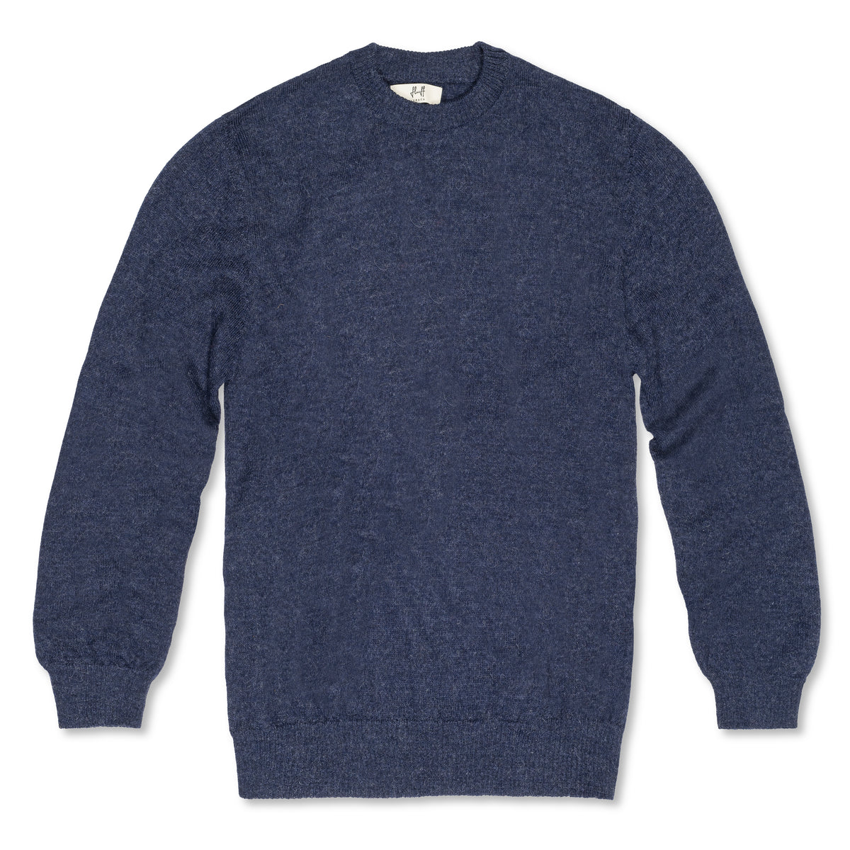 Men's Classic Crewneck 100% Baby Alpaca Sweater. A blue 100% baby alpaca crewneck sweater lying flat on a white background.