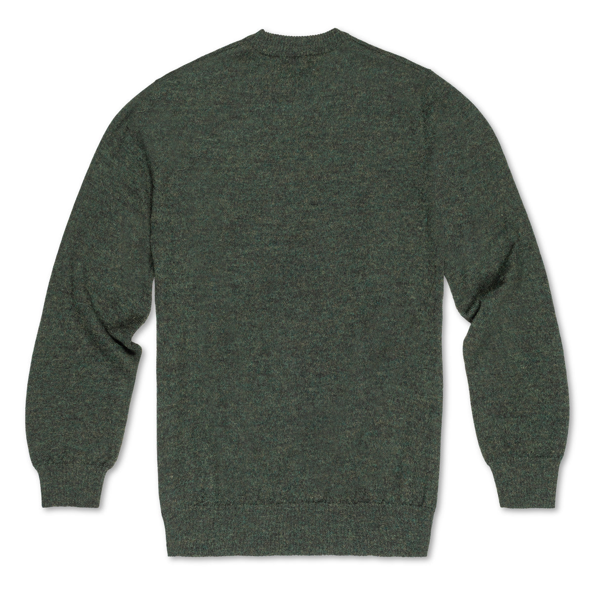 Men's Classic Crewneck 100% Baby Alpaca Sweater. A green 100% baby alpaca crewneck sweater lying front down on a white background.
