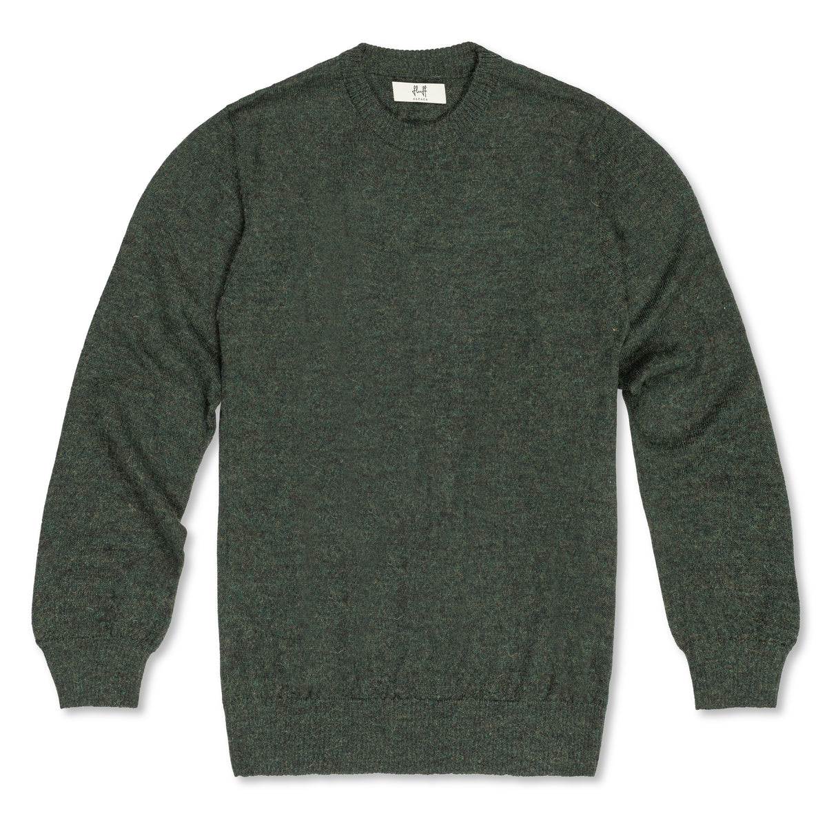 Men's Classic Crewneck 100% Baby Alpaca Sweater. A green 100% baby alpaca crewneck sweater lying flat on a white background.