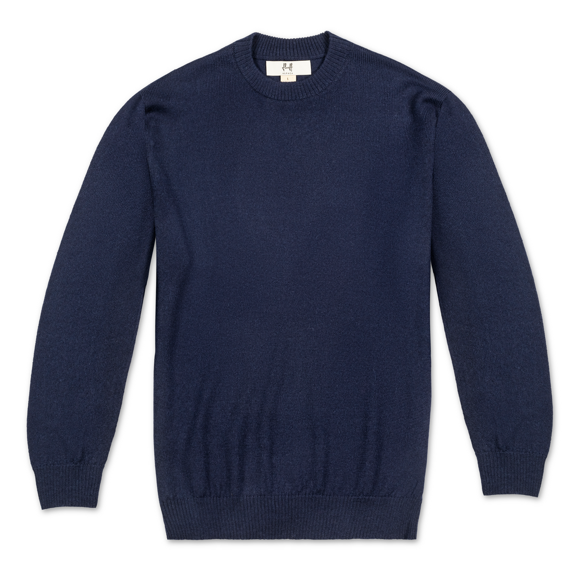 A navy blue crewneck knit sweater with long sleeves, ribbed collar, cuffs, and hem, displayed flat against a white background.