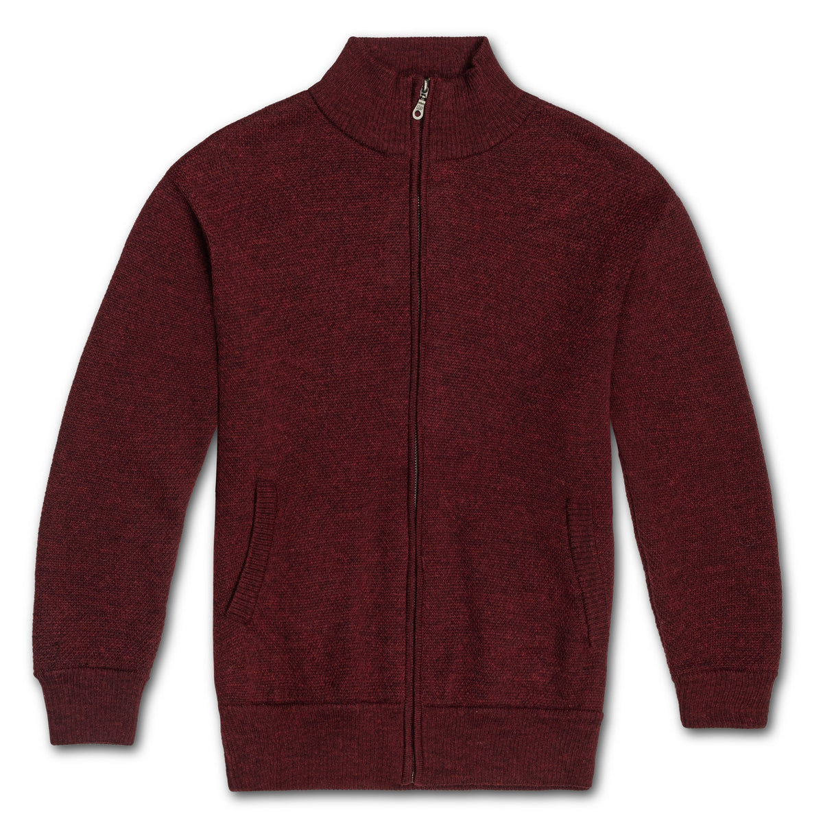 A men's full-zip alpaca wool jacket in red color with a mock neckline and side pockets.