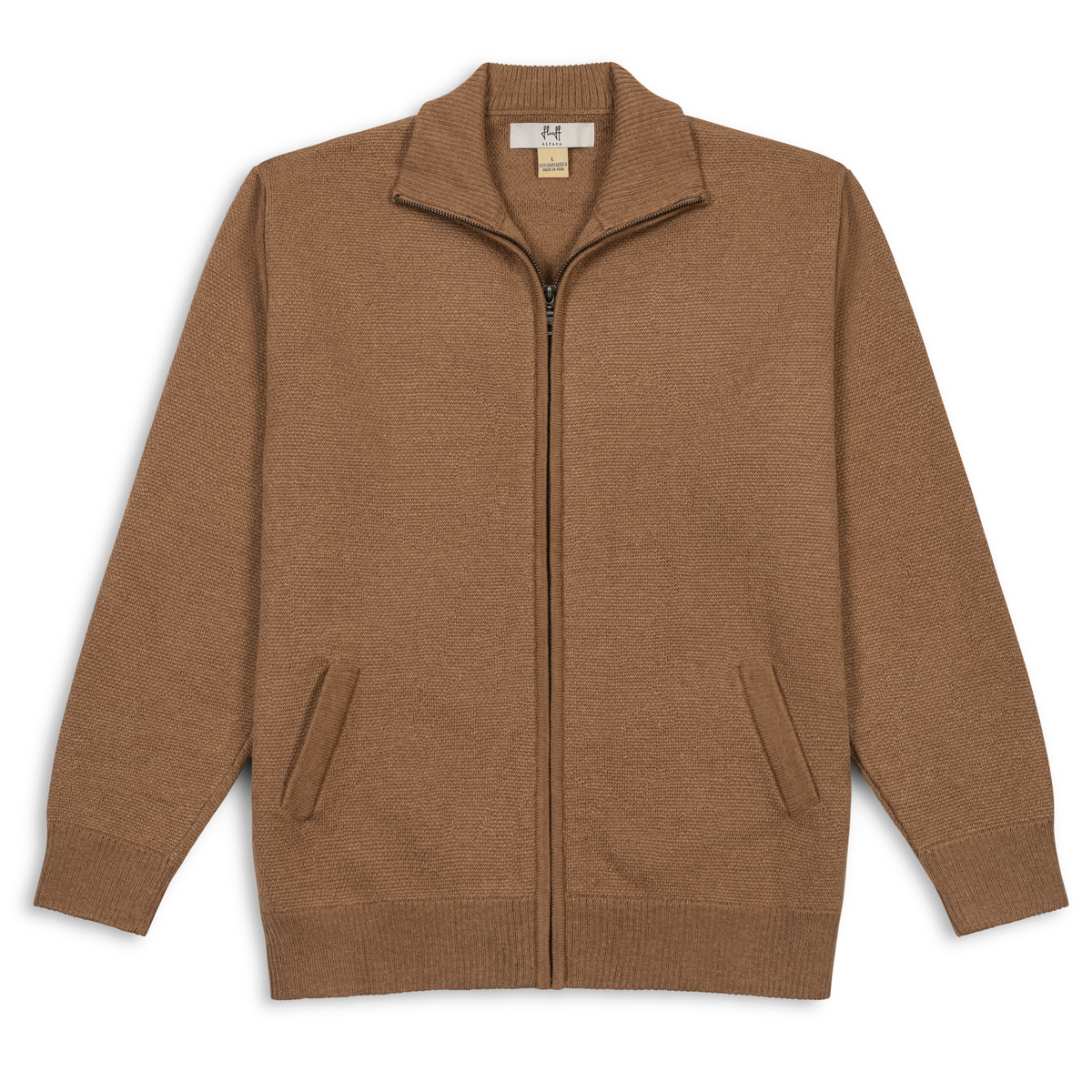 Brown zip-up sweater on a white background