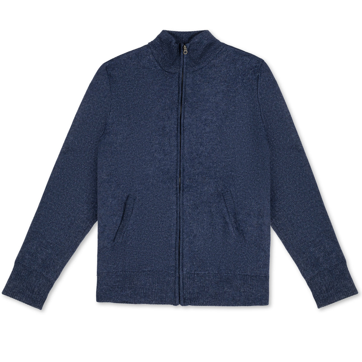Men's Heavyweight Full-Zip 100% Baby Alpaca Wool Jacket. A denim Blue zippered alpaca jacket lays flat on a white background.
