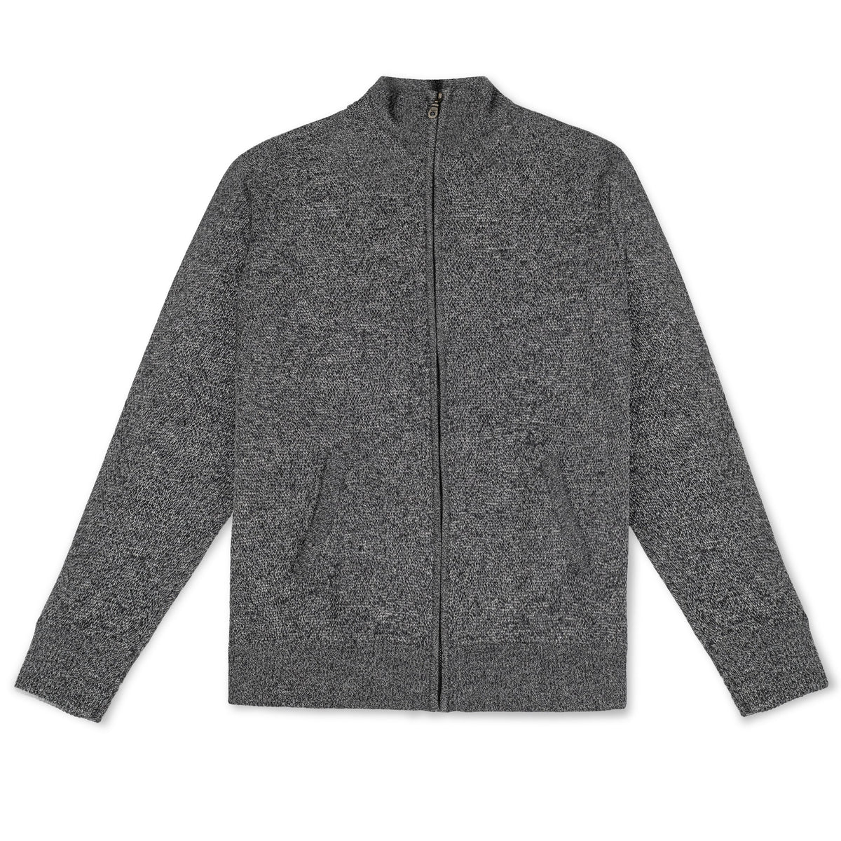 Men's Heavyweight Full-Zip 100% Baby Alpaca Wool Jacket. A marled black and white zippered baby alpaca jacket lies face up on a white background.