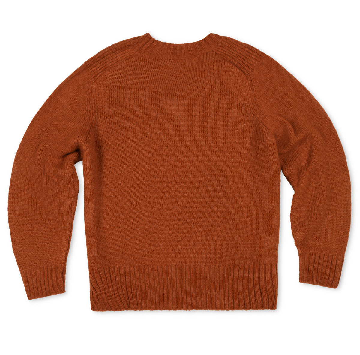 A rust-orange knit sweater shown from the back, laid flat against a clean white background.