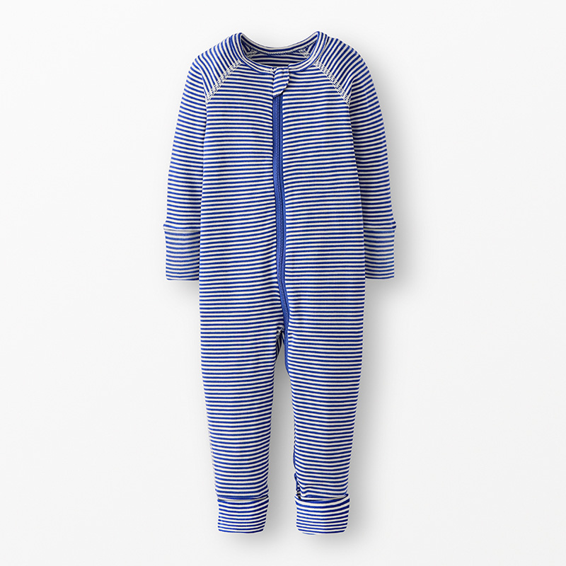 Blue and white striped zip baby onesie on a neutral background.