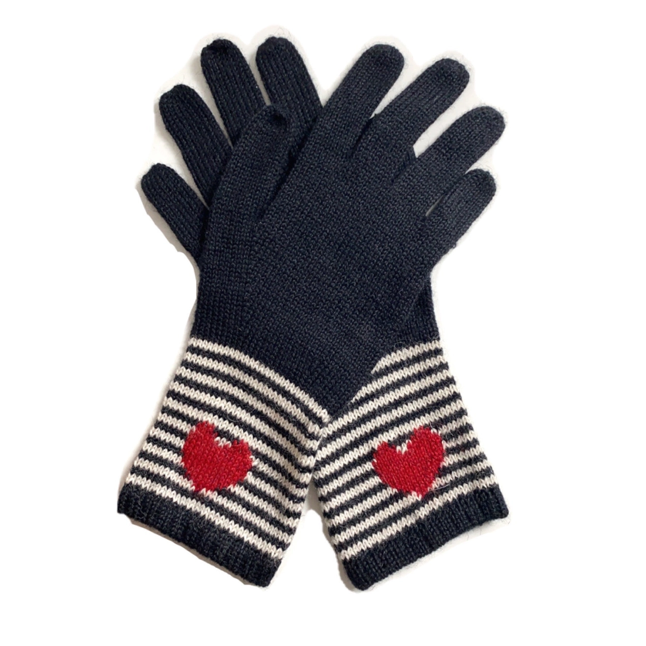 Pair of black gloves with white stripes and red heart designs on a white background