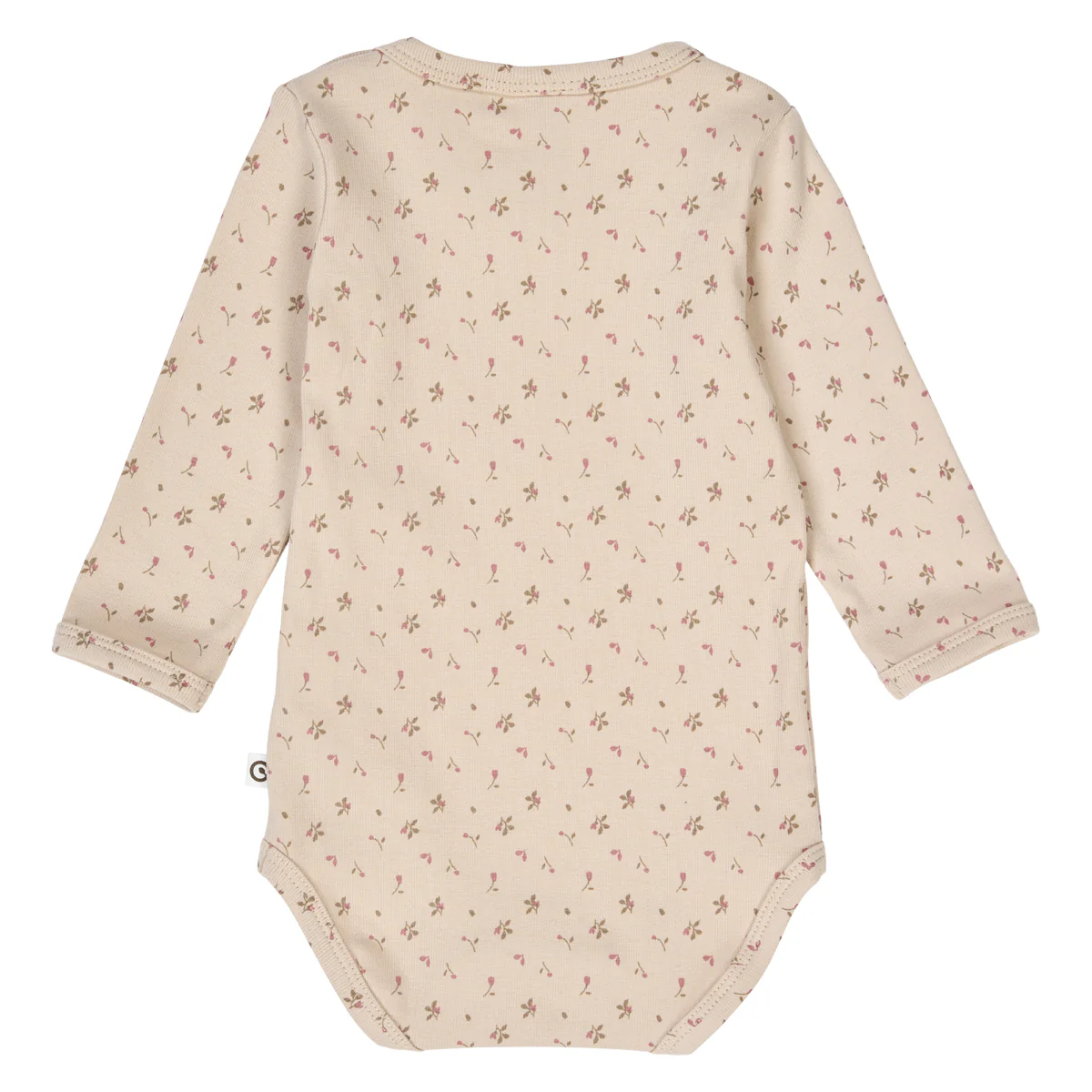 Beige baby bodysuit with floral pattern on a white background