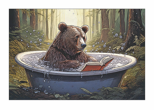 Card with a bear taking a bath with bubbles and reading a book in a forest setting