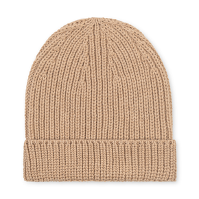 Beige knit beanie on a white background