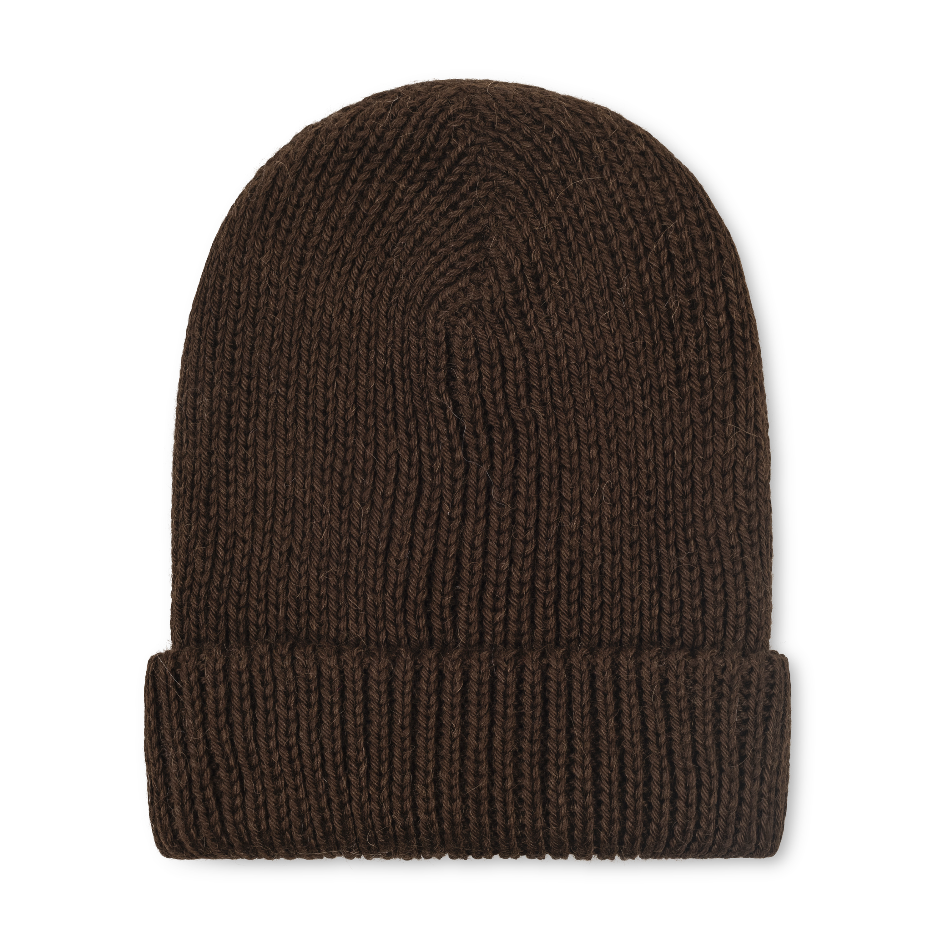 Brown knit beanie on a white background