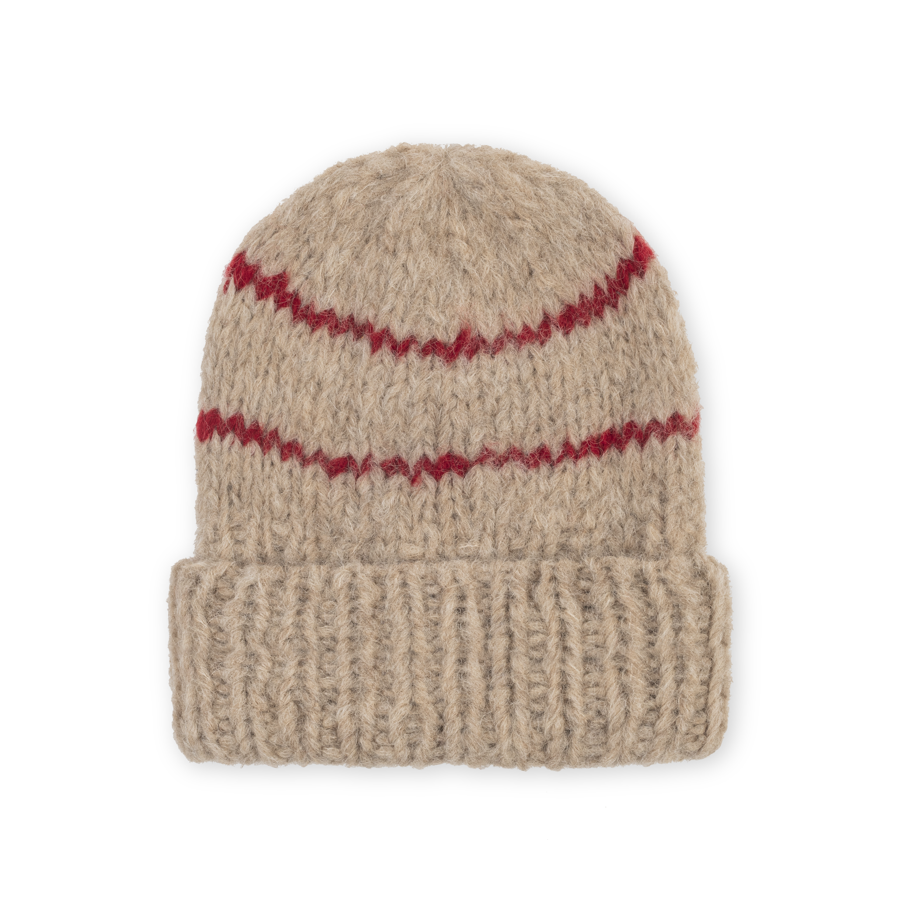 Beige knit beanie with red stripes on a white background
