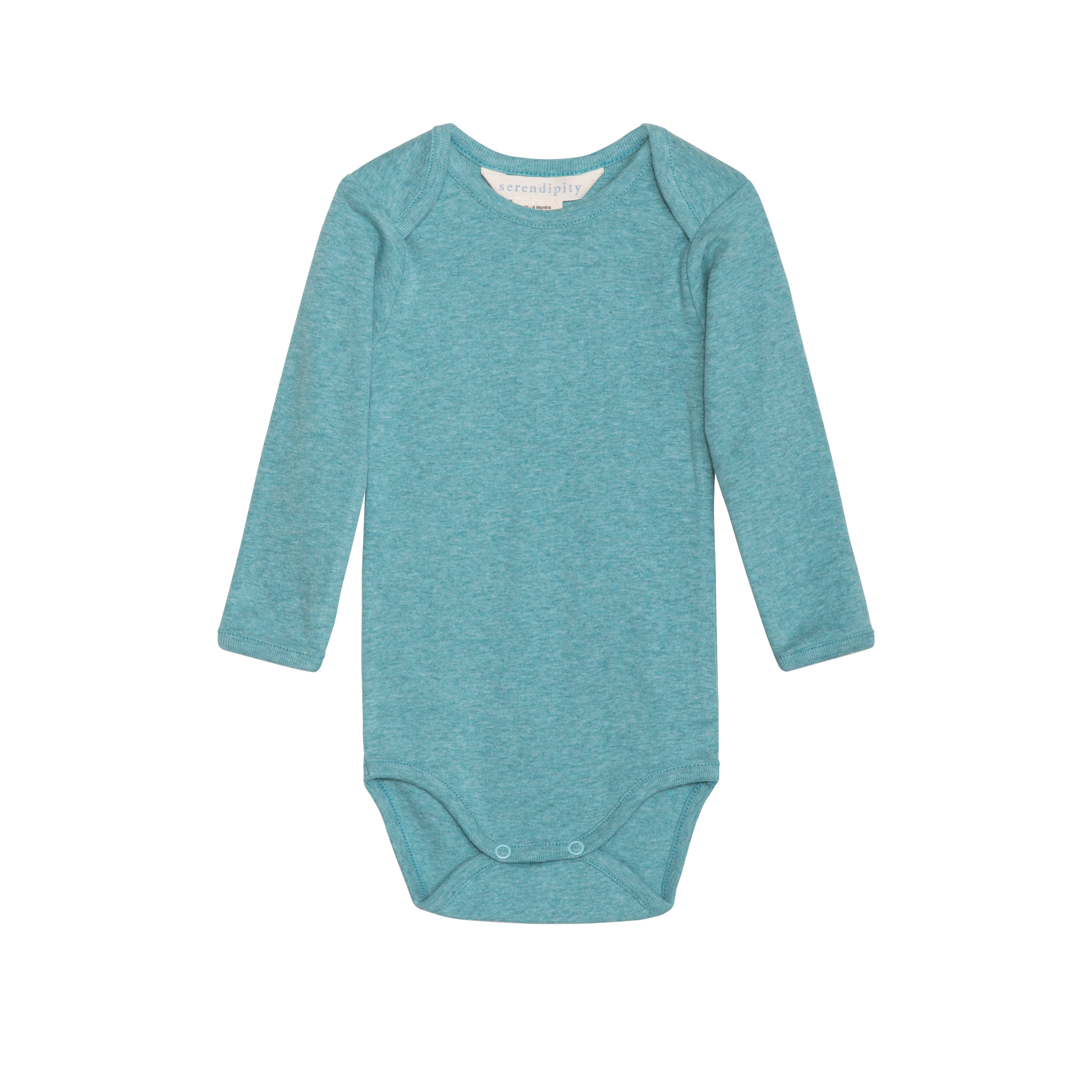 Teal baby bodysuit with long sleeves on a white background