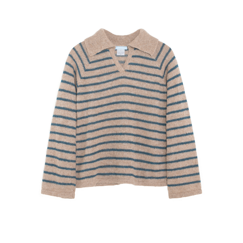 Beige and blue striped sweater on a white background