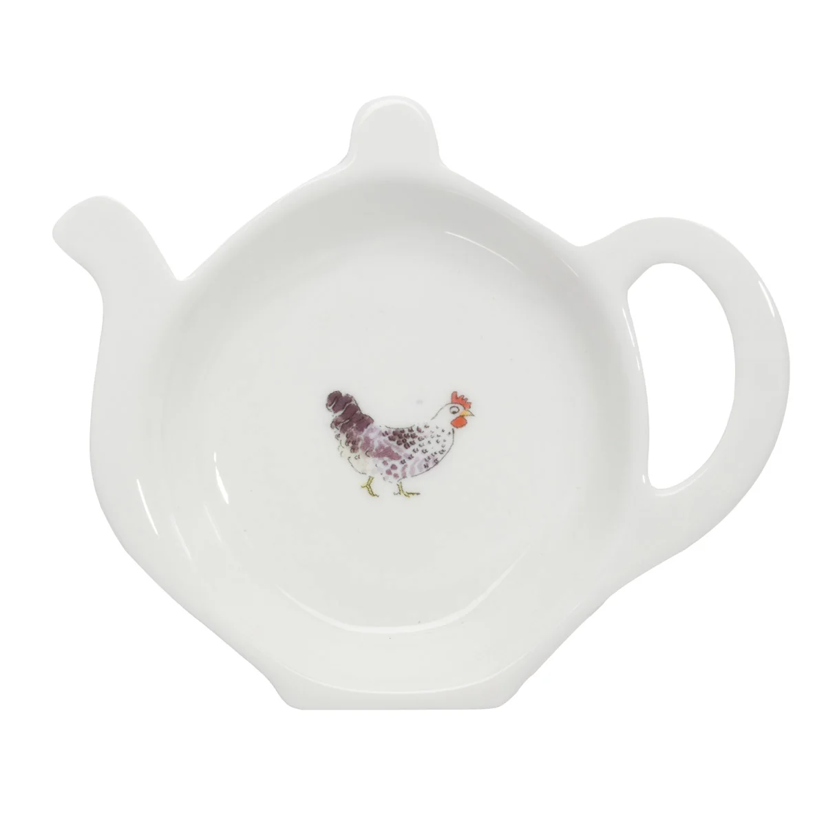 A fine bone china tea tidy with a depiction of a speckled maran chicken in the center, resembling a teapot shape with handles on the sides.