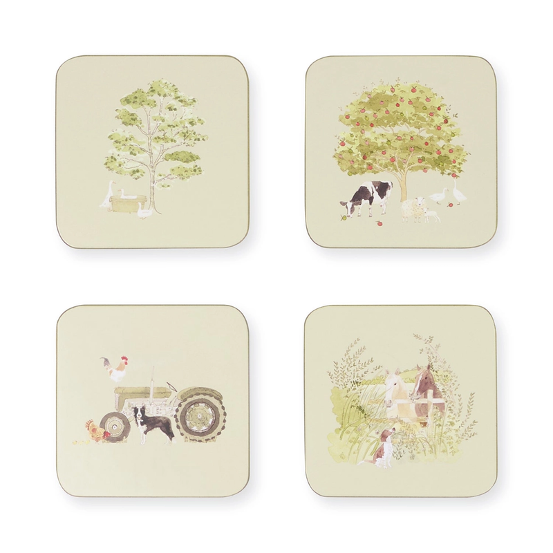 Set of four square coasters with farm-themed illustrations on a white background