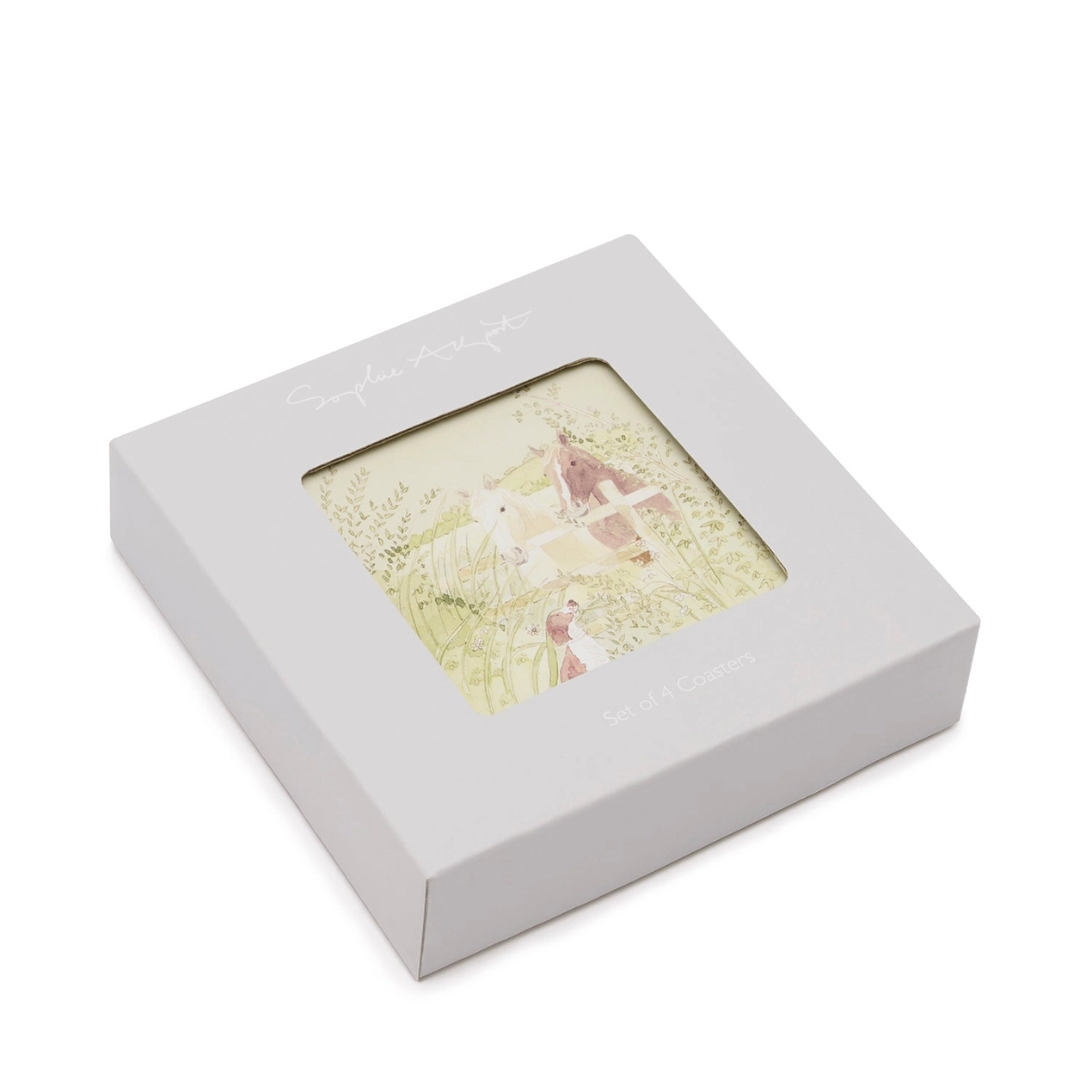 Grey gift box with a small window displaying farm themed coasters on a white background