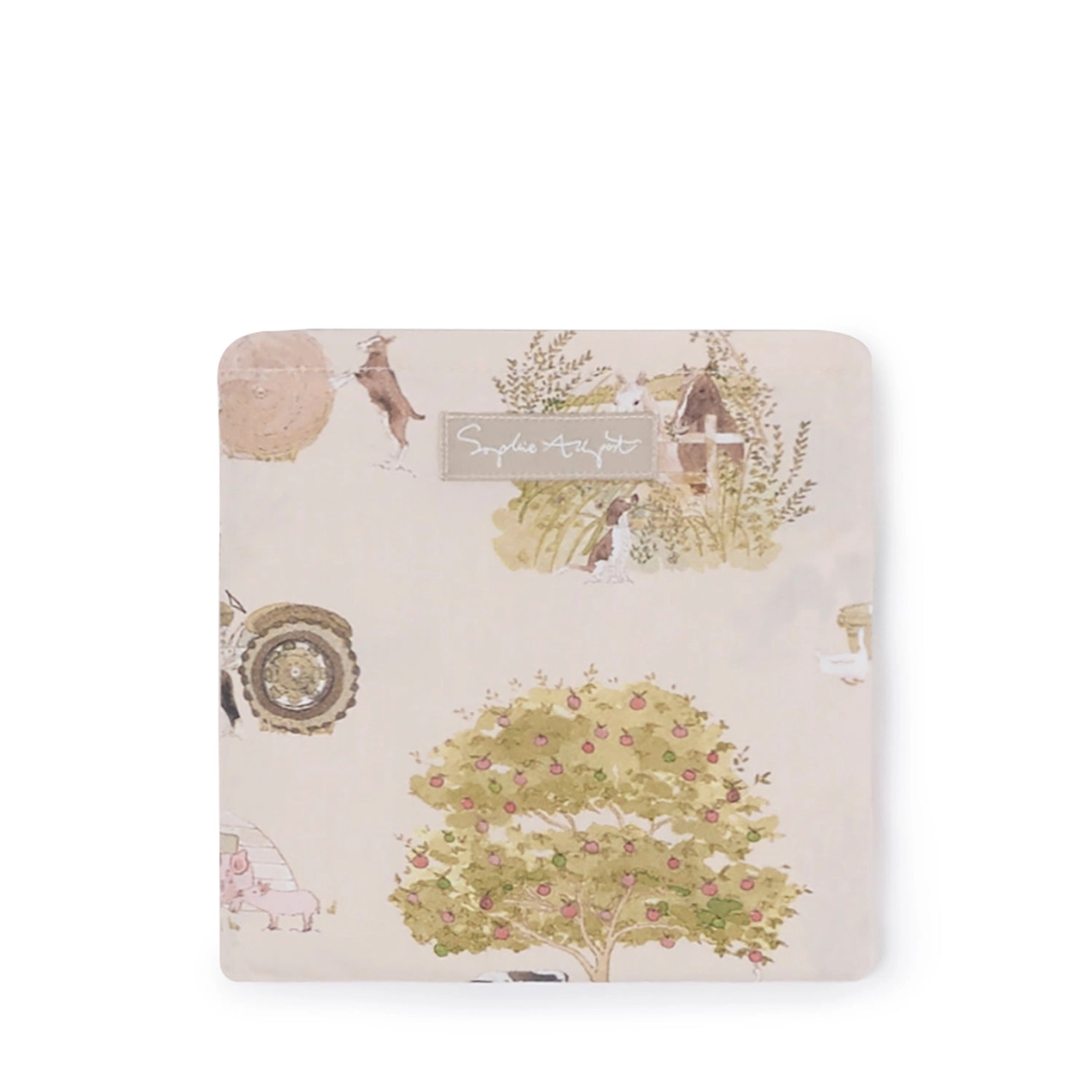 Folded shopping bag with farm-themed design featuring animals and plants on a white background