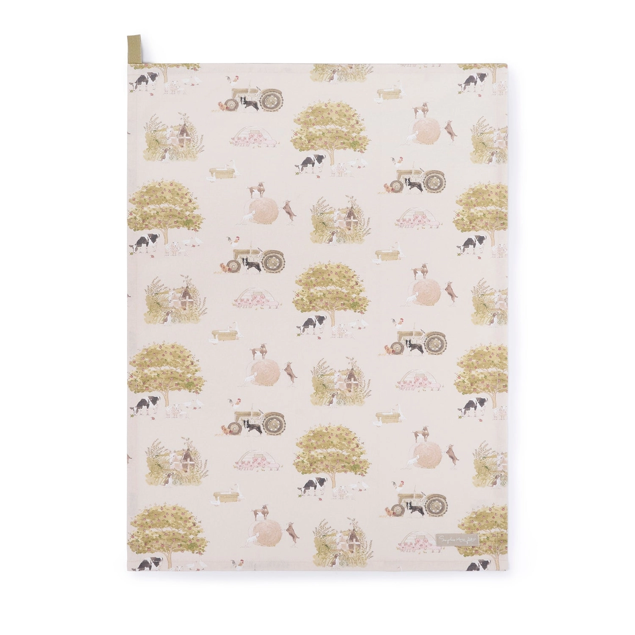 Patterned tea towel with farm illustrations on a white background