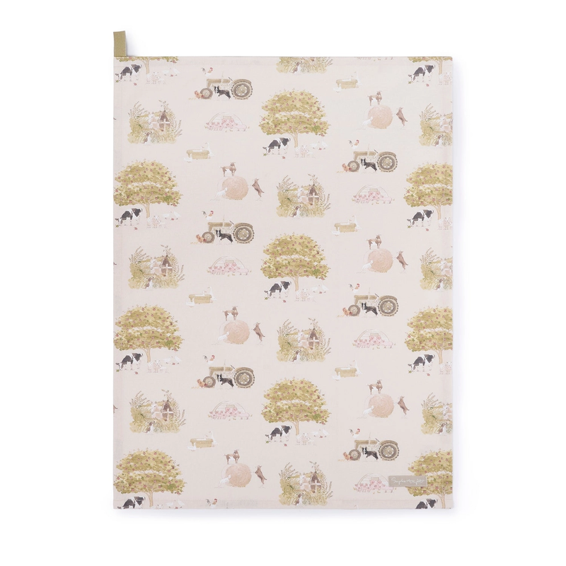 Patterned tea towel with farm illustrations on a white background