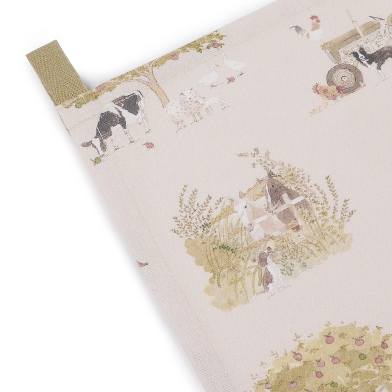 Tea towel with farm design on a neutral background
